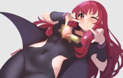 Rule 34 | 1girl, ;), black cape, blush, breasts, cape, cleavage, covered navel, cowboy shot, fire emblem, fire emblem engage, grey background, large breasts, long hair, looking at viewer, nintendo, one eye closed, red eyes, red hair, simple background, skeptycally, smile, solo, standing, very long hair, yunaka (fire emblem)