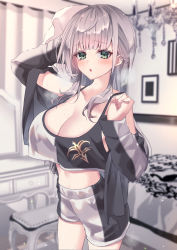Rule 34 | 1girl, :o, absurdres, ahoge, bed, bedroom, blush, breasts, chandelier, chest of drawers, chierishu, cleavage, collarbone, crop top, curtains, green eyes, highres, hololive, large breasts, legs, looking at viewer, medium hair, midriff, open mouth, parted lips, picture frame, shirogane noel, shorts, silver hair, solo, stool, strap, strap pull, sweater, towel, virtual youtuber