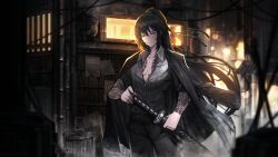 Rule 34 | 1boy, arm tattoo, black eyes, black jacket, black pants, black shirt, blue eyes, chest tattoo, closed mouth, collared shirt, game cg, heterochromia, highres, holding, holding sword, holding weapon, hong lu (project moon), jacket, jacket on shoulders, light smile, limbus company, looking at viewer, male focus, nai ga, official art, open clothes, open jacket, outdoors, pants, partially unbuttoned, project moon, scar, scar across eye, shirt, sidelocks, solo, standing, sword, tattoo, trash can, weapon, wing collar