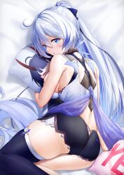 Rule 34 | 1girl, ahoge, ass, back, bare shoulders, bed, black thighhighs, blue eyes, breasts, butt crack, dakimakura (object), dress, highres, holding, honkai (series), honkai impact 3rd, kiana kaslana, kiana kaslana (herrscher of flamescion), large breasts, looking at viewer, looking back, open mouth, pillow, ponytail, raiden mei, raiden mei (herrscher of thunder), single thighhigh, sleeveless, sleeveless dress, solo, thighhighs, thighs, white dress, white hair, xfate, zettai ryouiki