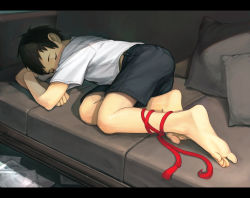 Rule 34 | 1boy, barefoot, black hair, child, closed eyes, couch, draugnut, feet, full body, highres, lying, male focus, md5 mismatch, original, pillow, rope, shirt, short hair, shorts, sleeping, soles, solo, t-shirt, toes