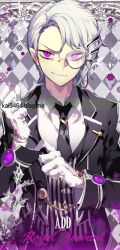 Rule 34 | 1boy, add (elsword), artist name, black necktie, butler, checkered background, elsword, english text, facial mark, gloves, hand up, lapel pin, looking at viewer, male focus, monocle, necktie, pika (kai9464), purple eyes, silver hair, smirk, solo, striped clothes, striped vest, tagme, upper body, vertical stripes, vest, white gloves