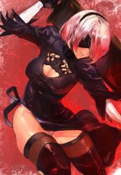 Rule 34 | 1girl, android, ashiomi masato, blindfold, boots, breasts, cleavage, cleavage cutout, clothing cutout, hair over one eye, holding, holding sword, holding weapon, mole, mole under mouth, nier (series), nier:automata, pink hair, short hair, silver hair, solo, sword, thighhighs, thighhighs under boots, thighs, weapon, 2b (nier:automata)