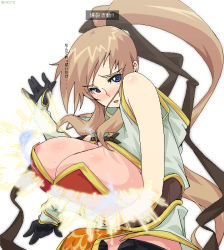 Rule 34 | 1girl, amami amayu, blue eyes, blush, breast hold, breasts, brown hair, champion (ragnarok online), elbow gloves, artistic error, female focus, gloves, hair ribbon, high ponytail, huge breasts, large breasts, long hair, looking at viewer, nipple slip, nipples, ponytail, ragnarok online, ribbon, sidelocks, simple background, sleeveless, solo, translated, white background