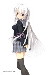 Rule 34 | 1girl, absurdres, ahoge, arms behind back, ayachi nene, black jacket, black thighhighs, blush, floating hair, from side, grey skirt, hair between eyes, highres, jacket, long hair, miniskirt, pleated skirt, purple eyes, sanoba witch, silver hair, simple background, skirt, smile, solo, standing, thighhighs, very long hair, white background, zettai ryouiki