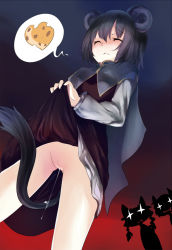 Rule 34 | 3girls, animal ears, bad anatomy, bad id, bad pixiv id, cheese, chen, closed eyes, clothes lift, cofepig, female focus, food, heart, kaenbyou rin, mouse ears, mouse tail, multiple girls, nazrin, no panties, pussy, pussy juice, short hair, skirt, skirt lift, tail, touhou, uncensored, you gonna get raped