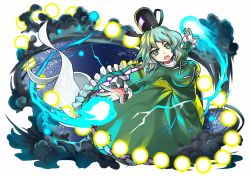 Rule 34 | 1girl, danmaku, dress, ghost tail, green dress, green eyes, green hair, hat, lightning, long sleeves, looking at viewer, matching hair/eyes, md5 mismatch, open mouth, outstretched arms, resized, resolution mismatch, short hair, socha, soga no tojiko, solo, source larger, tate eboshi, touhou
