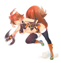 Rule 34 | 1girl, animal ears, arc system works, bad deviantart id, bad id, blazblue, blazblue: continuum shift, breasts, brown eyes, brown hair, gloves, large breasts, makoto nanaya, naso4, one eye closed, orange skirt, revealing clothes, skirt, smile, solo, squirrel ears, squirrel tail, tail, thighhighs, tonfa, underboob, weapon, wink