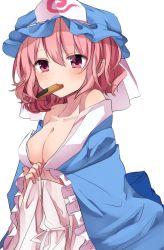 Rule 34 | 1girl, blue hat, blush, breasts, cleavage, cracker, food, food in mouth, hair between eyes, hat, highres, japanese clothes, karasusou nano, kimono, looking at viewer, medium breasts, mob cap, mouth hold, off shoulder, pink eyes, pink hair, saigyouji yuyuko, senbei, short hair, simple background, solo, touhou, triangular headpiece, upper body, white background