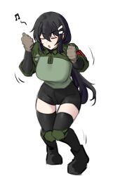 Rule 34 | 1girl, absurdres, ankle boots, armband, black footwear, black hair, black shorts, black thighhighs, boots, breasts, brown gloves, closed eyes, collared shirt, dancing, double-parted bangs, full body, gloves, green shirt, hair between eyes, hair ornament, hairclip, highres, k0ng, knee pads, large breasts, long hair, low ponytail, motion lines, music, musical note, open mouth, original, red armband, shirt, shorts, sidelocks, simple background, singing, single hair intake, sleeves rolled up, thighhighs, two-tone shirt, very long hair, white background