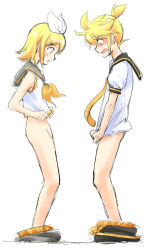 Rule 34 | 1boy, 1girl, bad id, bad pixiv id, blush, bottomless, brother and sister, clothes pull, commentary, embarrassed, highres, kagamine len, kagamine rin, pants, pants pull, siblings, sketch, twins, vocaloid, yukako