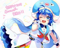 Rule 34 | 1girl, ahoge, aqua bow, aqua hair, aqua hat, aqua sailor collar, bare arms, bare shoulders, blue eyes, blue hair, blue wrist cuffs, bow, buttons, collared dress, crossed bangs, dress, eel hat, fang, frilled dress, frilled wrist cuffs, frills, gen (gen m gen), gradient hair, hand up, hat, highres, long hair, looking at viewer, multicolored hair, musical note, neckerchief, one eye closed, otomachi una, outstretched arm, red neckerchief, sailor collar, shirt, sleeveless, sleeveless dress, sleeveless shirt, solo, teeth, upper body, upper teeth only, very long hair, vocaloid, white background, white shirt, wrist cuffs