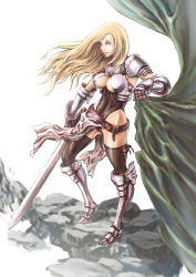 Rule 34 | 1girl, armor, belt, blonde hair, blue eyes, cameltoe, cleavage, cliff, gluteal fold, janne d&#039;arc, lips, long hair, no bra, no panties, realistic, rock, snk, solo, standing, sword, tunic, weapon, world heroes