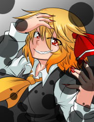 Rule 34 | &gt;:), 1girl, ascot, bad id, bad pixiv id, black vest, blonde hair, darkness, evil grin, evil smile, fingernails, grin, hair ribbon, highres, long fingernails, long sleeves, looking at viewer, nail polish, one-hour drawing challenge, red eyes, red nails, red ribbon, ribbon, rumia, short hair, smile, solo, sumiya nadateru, touhou, upper body, v-shaped eyebrows, vest