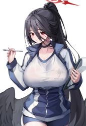 Rule 34 | 1girl, bird wings, blue archive, blue jacket, blue shorts, blush, bra, breasts, choker, clipboard, hair between eyes, hasumi (blue archive), hasumi (track) (blue archive), highres, holding, holding clipboard, holding pen, jacket, large breasts, leaning forward, looking at viewer, mole, mole under eye, open clothes, open jacket, pen, pong (vndn124), ponytail, red eyes, shirt, shorts, solo, sweat, underwear, white shirt, wings