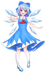Rule 34 | 1girl, :d, absurdres, bare arms, blue dress, blue eyes, blue hair, blush, breasts, cirno, dress, highres, ice, ice wings, kimae, kneehighs, looking at viewer, medium hair, open mouth, puffy sleeves, round teeth, shoes, short sleeves, skirt, small breasts, smile, socks, standing, teeth, touhou, wings