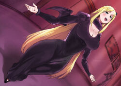 Rule 34 | 1girl, black dress, black footwear, blonde hair, blue eyes, blush, breasts, cleavage, demon girl, demon wings, dress, dutch angle, from above, full body, fur-trimmed sleeves, fur collar, fur trim, hair ornament, high heels, highres, indoors, large breasts, lemonbizate, long dress, long hair, long sleeves, low wings, open mouth, overlord (maruyama), renner theiere chardelon ryle vaiself, smile, solo, standing, teeth, tongue, upper teeth only, wings