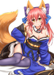 Rule 34 | 10s, 1girl, animal ear fluff, animal ears, blue thighhighs, blush, bow, breasts, cleavage, collarbone, detached sleeves, fang, fate/extra, fate/grand order, fate (series), fox ears, fox tail, hair bow, hair ribbon, hand in own hair, highres, horokusa (korai), japanese clothes, large breasts, light smile, looking at viewer, pink hair, ribbon, simple background, sitting, solo, tail, tamamo no mae (fate/extra), thighhighs, white background, yellow eyes