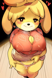 Rule 34 | 1girl, animal crossing, animal ears, animal nose, black eyes, blonde hair, blush, blush stickers, breasts, bursting breasts, cameltoe, cleavage, cleft of venus, clothes lift, commentary, covered erect nipples, curvy, dog ears, dog girl, english commentary, fewer digits, from above, full body, furry, furry female, grunt frostwolf, hawaiian shirt, heart, highres, isabelle (animal crossing), large breasts, looking at viewer, micro panties, miniskirt, nintendo, no bra, nose blush, panties, pink shirt, pussy juice, pussy juice on fingers, pussy juice trail, shirt, short hair, shortstack, skirt, skirt lift, solo, thick thighs, thighs, topknot, underwear, white skirt, yellow fur