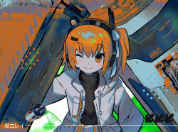 Rule 34 | 1girl, a.i. voice, abstract background, adachi rei, belt, black shirt, blush, character name, closed mouth, commentary, green background, hair ornament, hair ribbon, hairclip, headlamp, headset, jacket, long sleeves, looking at viewer, machinery, morizo (morizoshop), one eye closed, one side up, open clothes, open jacket, orange belt, orange eyes, orange hair, radio antenna, ribbon, shirt, smile, solo, symbol-only commentary, upper body, utau, white jacket, white ribbon