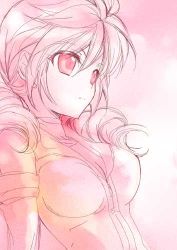 Rule 34 | 00s, 1girl, artist request, bodysuit, breasts, cleavage, closed mouth, drill hair, feldt grace, gundam, gundam 00, long hair, lowres, medium breasts, monochrome, pink eyes, pink hair, solo, twin drills, twintails, upper body