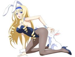 Rule 34 | 10s, 1girl, a (under-drawing), all fours, animal ears, blonde hair, blue eyes, breasts, rabbit, cecilia alcott, cleavage, detached collar, fake animal ears, high heels, highres, infinite stratos, large breasts, leotard, long hair, long legs, pantyhose, playboy bunny, rabbit ears, rabbit tail, tail, wrist cuffs