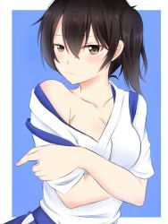 Rule 34 | 10s, 1girl, ataririri, bad id, bad pixiv id, bare shoulders, black eyes, black hair, blue background, blush, border, breasts, brown eyes, cleavage, collarbone, female focus, highres, kaga (kancolle), kantai collection, large breasts, looking at viewer, off shoulder, short sleeves, side ponytail, simple background, solo, undressing, upper body, white border