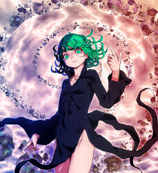 Rule 34 | 1girl, black dress, breasts, collared dress, commentary request, constricted pupils, covered navel, cowboy shot, curly hair, debris, dress, floating rock, glaring, green eyes, green hair, honyata, index finger raised, looking at viewer, one-punch man, psychic, short hair, side slit, small breasts, solo, tatsumaki, telekinesis, thighs