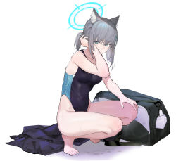 Rule 34 | 1girl, animal ear fluff, animal ears, bag, bare arms, bare legs, black one-piece swimsuit, blue archive, blue eyes, competition swimsuit, duffel bag, grey hair, hair ornament, halo, highres, looking at viewer, medium hair, multicolored clothes, multicolored swimsuit, one-piece swimsuit, oooomiga, shiroko (blue archive), shiroko (swimsuit) (blue archive), solo, squatting, swimsuit, wet, white background