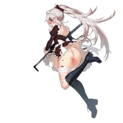 Rule 34 | 1girl, 9a-91, 9a-91 (bullets cafe) (girls&#039; frontline), 9a-91 (girls&#039; frontline), apron, ass, belt boots, black footwear, blue eyes, blush, boots, bow, butt crack, clothes lift, cross-laced footwear, fangdan runiu, from behind, full body, garter belt, girls&#039; frontline, grey hair, gun, hair between eyes, hair bow, hair ornament, hairclip, knee boots, lace-up boots, looking back, maid headdress, official alternate costume, official art, panties, pantyshot, ponytail, skirt, skirt lift, solo, thighhighs, torn clothes, transparent background, underwear, waist apron, weapon, white thighhighs