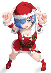 Rule 34 | 1girl, :d, bell, belt, blue eyes, blue hair, blush, boots, breasts, christmas, cleavage, commentary request, female focus, foreshortening, from above, full body, fur trim, gibun (sozoshu), hair ornament, hair over one eye, hat, highres, index finger raised, large breasts, light blush, looking at viewer, mistletoe, open mouth, re:zero kara hajimeru isekai seikatsu, red footwear, rem (re:zero), santa boots, santa costume, santa hat, short hair, short sleeves, simple background, smile, solo, standing, v, white background, x hair ornament