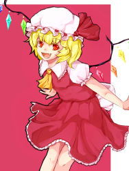 Rule 34 | 1girl, ascot, bad id, bad pixiv id, blonde hair, crystal, fang, female focus, flandre scarlet, hat, hat ribbon, poini (king-scarlet-dead), red eyes, ribbon, side ponytail, skirt, smile, solo, touhou, wings