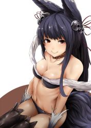 Rule 34 | 10s, 1girl, animal ears, beads, bell, black hair, black panties, boots, bra, breasts, cleavage, collarbone, erune, fox ears, fox tail, fur trim, gloves, granblue fantasy, hair ornament, hair ribbon, jewelry, jingle bell, kirieppa, legs together, looking at viewer, looking up, navel, necklace, panties, red eyes, ribbon, ribs, sitting, smile, solo, strapless, strapless bra, tail, thigh boots, thighhighs, underwear, underwear only, yuel (granblue fantasy)