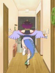 Rule 34 | 10s, 1girl, animated, animated gif, ass, back, backboob, bandages, bare shoulders, black hair, bouncing breasts, breasts, dragon girl, dragon horns, dragon tail, elma (maidragon), feet, from behind, full body, gradient hair, hallway, hip focus, holding, horns, huge ass, indoors, japanese clothes, kimono, kobayashi-san chi no maidragon, large breasts, legs, leotard, leotard under clothes, long sleeves, multicolored hair, off shoulder, outstretched arms, running, scarf, short hair, single horn, socks, solo, spread arms, tail, thick thighs, thighs, two-tone hair, wide hips, wide sleeves