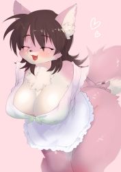 Rule 34 | 1girl, apron, blanket, brown hair, closed eyes, furry, furry female, highres, htg (htg92), naked apron, open mouth, solo
