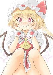Rule 34 | 1girl, alternate wings, arnest, ascot, bare legs, blonde hair, bloom, blush, breasts, bright pupils, crystal, feet out of frame, flandre scarlet, full-face blush, hands on own cheeks, hands on own face, hands up, hat, highres, knees together feet apart, mob cap, one side up, puffy short sleeves, puffy sleeves, red eyes, red skirt, red vest, short hair, short hair with long locks, short sleeves, sitting, skirt, small breasts, smile, solo, touhou, vest, white pupils, wings, yellow ascot
