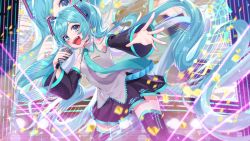 Rule 34 | 1girl, aqua eyes, aqua hair, blue eyes, concert, detached sleeves, happy, hatsune miku, holding, holding microphone, long hair, looking at viewer, microphone, music, musical note, nail polish, peta (snc7), shirt, singing, skirt, sleeveless, sleeveless shirt, smile, solo, stage, thighhighs, vocaloid, zettai ryouiki