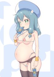 Rule 34 | 1girl, akai (riaakai), bikini, black thighhighs, blue background, blue hair, blush, breasts, card, covered mouth, endro!, female focus, flower, garter belt, garter straps, green eyes, groin, hat, large breasts, looking at viewer, meiza endust, micro bikini, navel, nipples, playing card, pregnant, shiny skin, short hair, side-tie bikini bottom, simple background, solo, swimsuit, thighhighs, two-tone background, white background