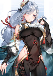 Rule 34 | 1girl, absurdres, black gloves, blue eyes, blush, bodysuit, braid, breasts, clothing cutout, covered navel, elbow gloves, genshin impact, gloves, hair ornament, hair over one eye, highres, hip vent, large breasts, long hair, long sleeves, looking at viewer, low-braided long hair, low-tied long hair, nail polish, partially fingerless gloves, puffy long sleeves, puffy sleeves, shenhe (genshin impact), shoulder cutout, silver hair, tabard, tassel, thighs, very long hair, yukineko1018