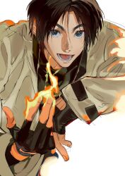 Rule 34 | 1boy, :d, atie1225, black eyes, brown hair, curtained hair, fingerless gloves, fire, gloves, highres, jacket, kusanagi kyou, looking at viewer, male focus, open mouth, pyrokinesis, short hair, smile, solo, the king of fighters, white jacket
