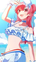 1girl :d amaka_(maka_prsk) arm_up beach bikini blue_choker blue_sky bow choker cloud collarbone cowboy_shot day frilled_bikini frills hat highres long_hair looking_at_viewer midriff mini_hat momoi_airi navel ocean open_mouth outdoors pink_eyes pink_hair project_sekai red_eyes shorts sky smile solo stomach swimsuit two_side_up wrist_cuffs