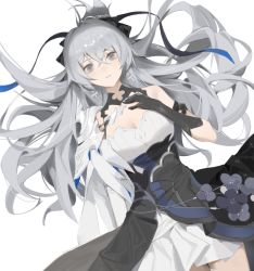 Rule 34 | 1girl, armor, bare shoulders, black gloves, breasts, bronya zaychik, bronya zaychik (silverwing: n-ex), cleavage, dress, earrings, gloves, grey eyes, grey hair, hair ornament, hair spread out, hand on own chest, highres, honkai (series), honkai impact 3rd, jewelry, large breasts, long hair, looking at viewer, parted lips, pauldrons, shoulder armor, simple background, single pauldron, solo, very long hair, white background, white dress, yukizawa xueze