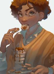 Rule 34 | 1boy, arepa, brown hair, buttons, camilo madrigal, collarbone, curly hair, dark-skinned male, dark skin, dcanine (blackdo70460708), encanto, fingerless gloves, food, food in mouth, freckles, gloves, highres, holding, holding food, holding plate, long sleeves, male focus, plate, poncho, shirt, short hair, solo, upper body, white background, white shirt