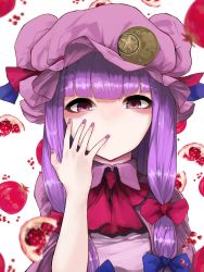 Rule 34 | 1girl, bad id, bad twitter id, blue bow, blue ribbon, blunt bangs, bow, commentary request, crescent, crescent hair ornament, hair bow, hair ornament, hakuto hotaru, hat, hat ribbon, highres, nail polish, no mouth, no nose, patchouli knowledge, pink eyes, purple hair, purple hat, purple nails, red bow, red ribbon, ribbon, sidelocks, solo, touhou, upper body, white background