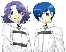 Rule 34 | 1boy, 1girl, blue eyes, blue hair, bow, chaldea uniform, closed mouth, eyes visible through hair, fate/grand order, fate (series), gradient outline, hair intakes, original, outline, pink bow, purple eyes, purple hair, simple background, smile, touma rui, upper body, wavy hair, white background