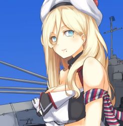 Rule 34 | 1girl, bare shoulders, beret, blonde hair, blue background, blue eyes, breasts, cleavage, dress, gloves, hair between eyes, hat, kantai collection, large breasts, long hair, looking at viewer, mole, mole under eye, mole under mouth, multicolored clothes, multicolored dress, multicolored scarf, pom pom (clothes), richelieu (kancolle), rigging, scarf, shiragiku1991, simple background, solo, strapless, strapless dress, upper body, white gloves