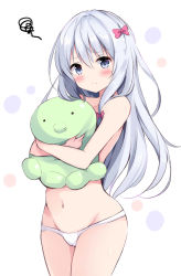 Rule 34 | 10s, 1girl, absurdres, blue eyes, bow, cameltoe, closed mouth, collarbone, commentary request, cowboy shot, embarrassed, eromanga sensei, hair between eyes, hair bow, highres, holding, hyurasan, izumi sagiri, light frown, long hair, looking at viewer, navel, panties, pink bow, silver hair, simple background, solo, squiggle, stomach, stuffed animal, stuffed octopus, stuffed toy, tareme, thighs, topless, underwear, underwear only, very long hair, white background, white panties