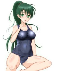 Rule 34 | 1girl, breasts, cameltoe, embarrassed, finger to own chin, fire emblem, fire emblem: the blazing blade, green eyes, green hair, high ponytail, long hair, lyn (fire emblem), matching hair/eyes, navel, nintendo, one-piece swimsuit, ponytail, school swimsuit, simple background, solo, spread legs, swimsuit, very long hair
