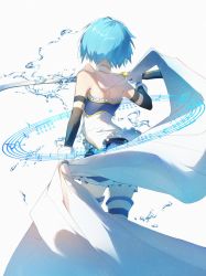 Rule 34 | blue hair, cape, cutlass, detached sleeves, facing away, from behind, gleam, gloves, highres, magical girl, mahou shoujo madoka magica, mahou shoujo madoka magica (anime), miki sayaka, musical note, noria hpna, saber (weapon), simple background, solo, staff (music), striped clothes, striped thighhighs, sword, tagme, thighhighs, water, weapon, white background, white cape, white gloves