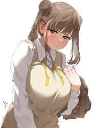 Rule 34 | 1girl, blush, breasts, brown eyes, brown hair, brown skirt, collared shirt, commentary, dot nose, double bun, embarrassed, hair bun, half-closed eyes, highres, holding, holding clothes, holding skirt, idolmaster, idolmaster shiny colors, karan, large breasts, long sleeves, looking down, medium hair, ribbon, shirt, sidelocks, simple background, skirt, sleeveless, sleeveless sweater, solo, sonoda chiyoko, sweatdrop, sweater, symbol-only commentary, twintails, unworn skirt, upper body, white background, white shirt, yellow ribbon, yellow sweater